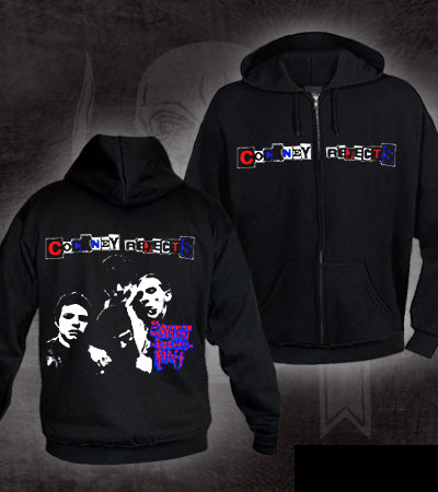 Cockney Rejects- Logo on front, The Greatest Cockney Rip Off on back on a black zip up sweatshirt