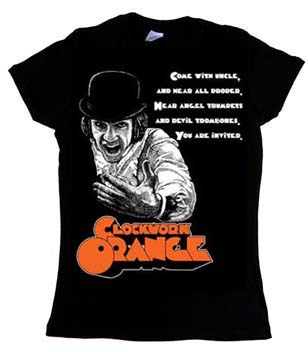 Clockwork Orange- Come With Uncle on a black girls fitted shirt