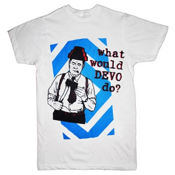 Devo- What Would Devo Do? on a white slim fit shirt