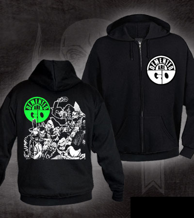 Demented Are Go- Logo on front, Monsters on back on a black zip up hooded sweatshirt