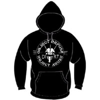 Dirt- Reject Abuse on front, Democracy Is A Con Job on back on a black hooded sweatshirt