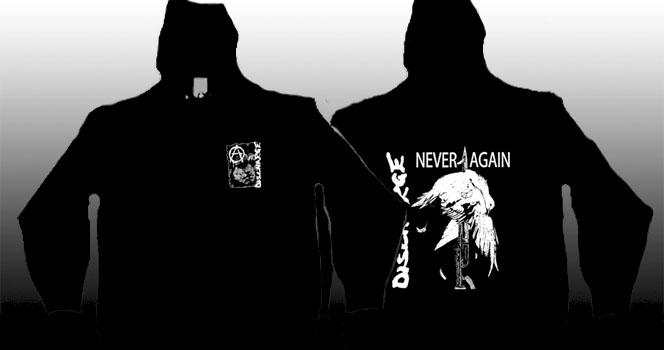 Discharge- Face on front, Never Again on back on a black hooded sweatshirt