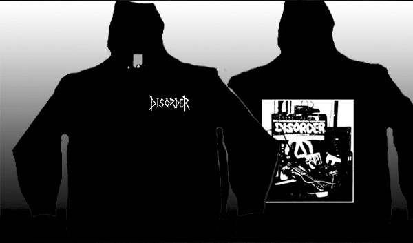 Disorder- Logo on front, Amp on back on a black zip up hooded sweatshirt