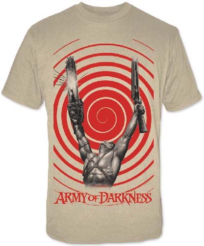 Army Of Darkness- Arms Up Swirl Print on a natural shirt