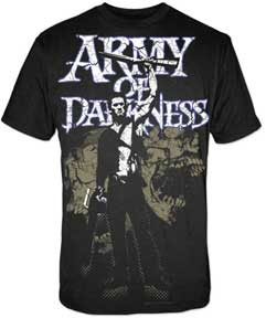 Army Of Darkness- Holding Up Gun With Skull Background on a black shirt