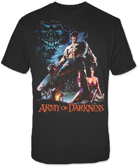 Army Of Darkness- Ash Holding Smoking Chainsaw on a black shirt