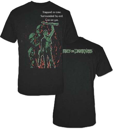 Army Of Darkness- Trapped In Time With Blood Splatter on front, Green Logo on back on a black shirt