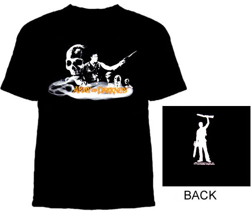 Army Of Darkness- Smoking Skull on front, Silhouette on back on a black shirt (Sale price!)