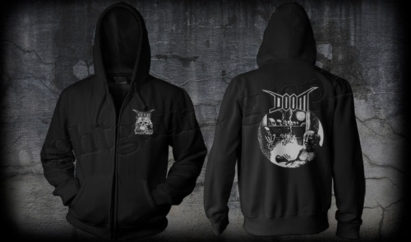 Doom- Logo on front, Skulls & Guy on back on a black zip up hooded sweatshirt