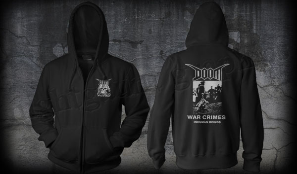 Doom- Logo on front, War Crimes on back on a black zip up hooded sweatshirt