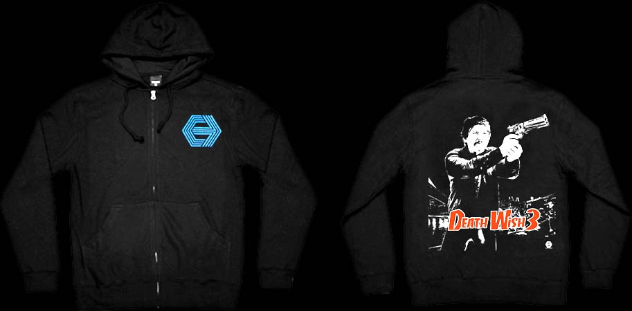Death Wish 3- Cannon Logo Patch on front, Charles Bronson on back on a black zip up hooded sweatshirt