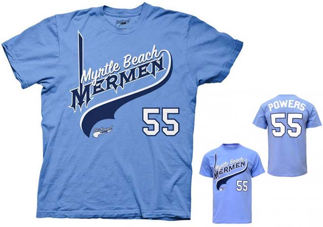 Eastbound & Down- Mermen Logo on front, Powers on back on a light blue shirt (Charros Colors!)