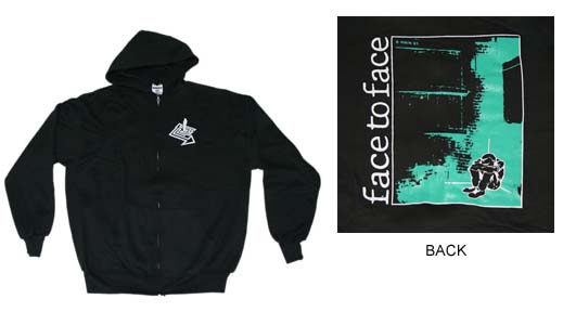 Face To Face- Maze on front, Don't Turn Away on back on a black zip up hooded sweatshirt
