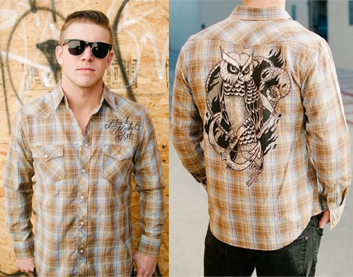 Keep the Faith guys button up Western Plaid shirt by Black Market Art Company - artwork by Adi