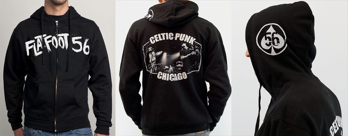 Flatfoot 56- Logo on front, Celtic Punk on back, Spade on hood on a black zip up hooded sweatshirt