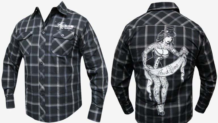 Freakshow guys button up black/grey plaid shirt by Low Brow Art Company - artwork by Whitney Lenox