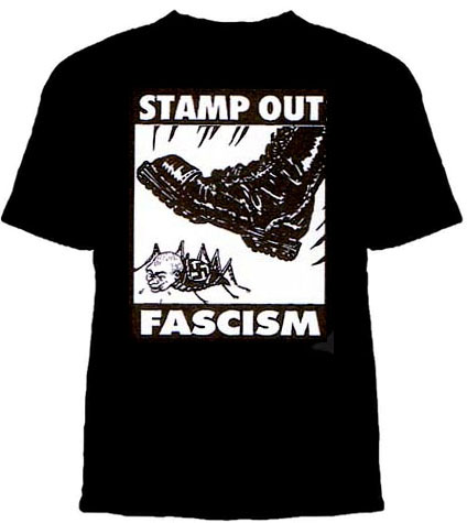 Stamp Out Fascism on a black shirt
