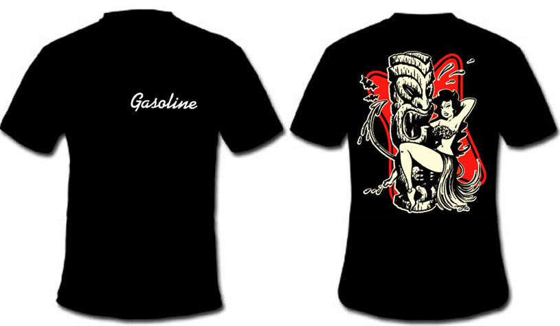 Gasoline Clothing- Logo on front, Surf Devil on back on a black shirt