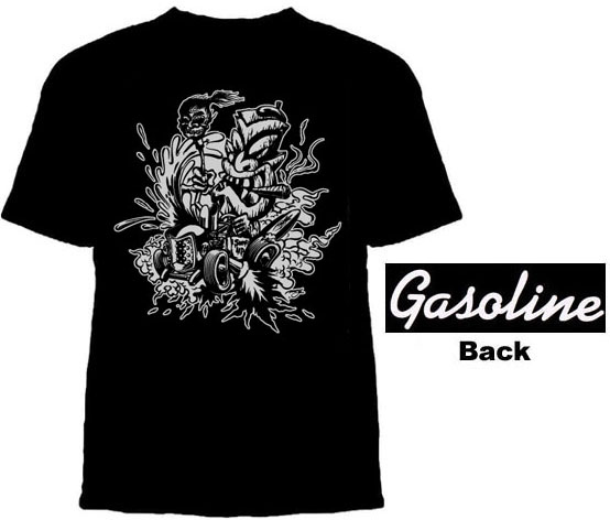 Gasoline Clothing- Surf's Up Tiki on front, Logo on back on a black shirt