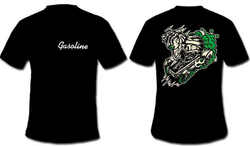 Show product details for Logo on front, Coffin Racer on back on a black shirt by Gasoline