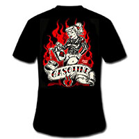 Gasoline Clothing- Logo on front, Pyro Girl on back on a black shirt