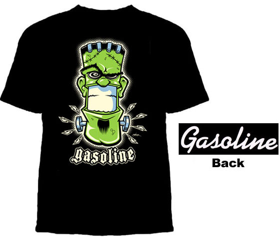 Show product details for Frankie on front, Logo on back on a black shirt by Gasoline (Sale price!)