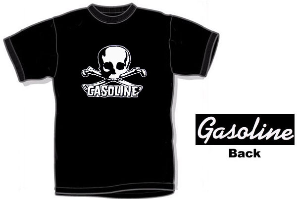 Show product details for Crossbones on front, Logo on back on a black shirt by Gasoline (Sale price!)