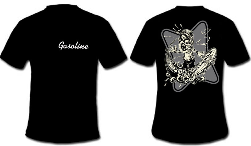 Gasoline Clothing- Logo on front, Hang Loose Tiki on back on a black shirt (Sale price!)