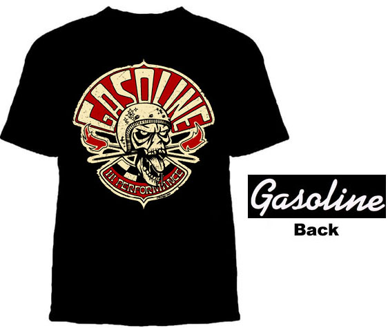 Gasoline Clothing- Hi Performance on front, Logo on back on a black shirt