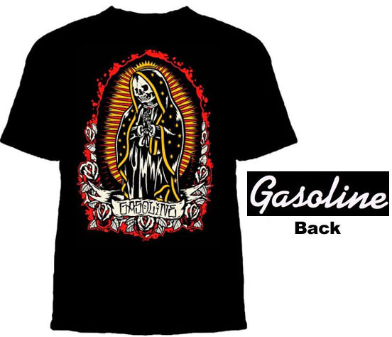 Show product details for Madre De La Muerte on front, Logo on back on a black shirt by Gasoline