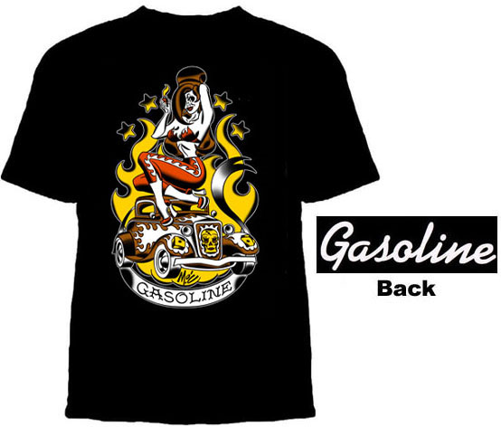 Gasoline Clothing- Tattoo (Girl On Car With Flames) on front, Logo on back on a black shirt