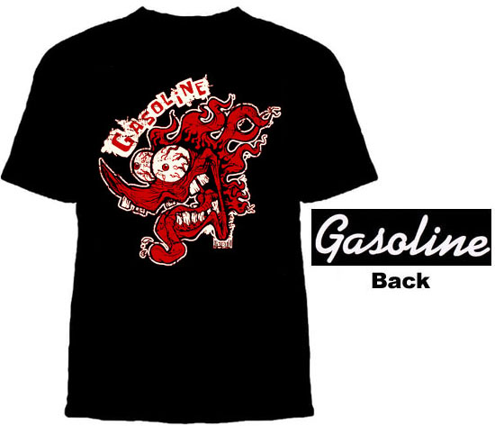 Show product details for Pecker on front, Logo on back on a black shirt by Gasoline