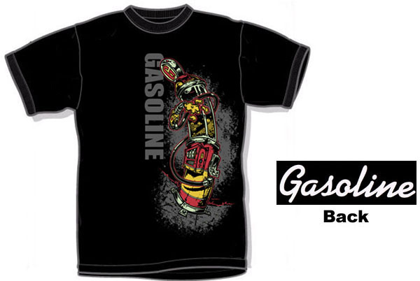 Show product details for Octane (Gas Pump) on front, Logo on back on a black shirt by Gasoline (Sale price!)