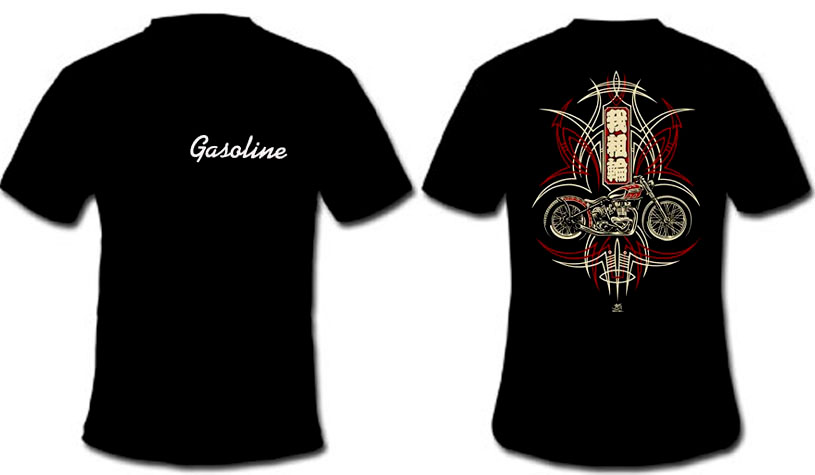 Show product details for Logo on front, Bobber (Motorcycle & Pinstriping) on back on a black shirt by Gasoline