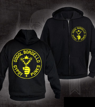 Gogol Bordello- Slingshot on front and back on a black zip up hooded sweatshirt