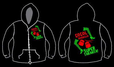 Gogol Bordello- Super Taranta on front and back on a black zip up hooded sweatshirt