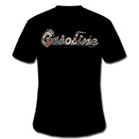Gasoline Clothing- Logo on front, Skript Logo on back on a black shirt