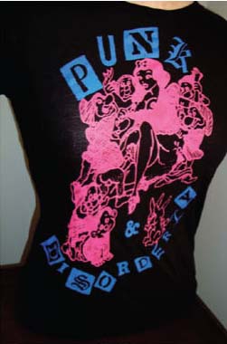 Punk And Disorderly (Seditionaries Design) on a black girls fitted shirt by Ghost Of 77