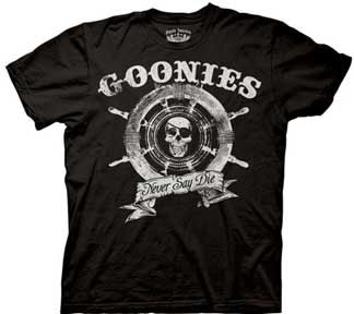 Goonies- Never Say Die (Skull & Ship's Wheel) on a black shirt