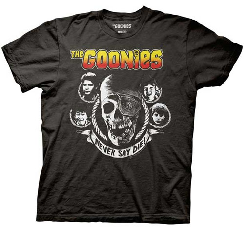 Goonies- Never Say Die (Skull & Faces) on a black shirt