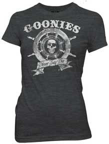 Goonies- Never Say Die on a charcoal heather girls fitted shirt