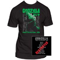 Godzilla- World Destruction Tour on front, Cities on back on a black shirt