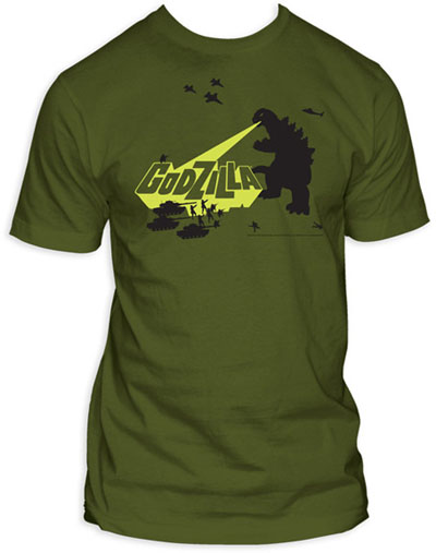 Godzilla- Blasting Army Guys on an army green guys slim fit shirt