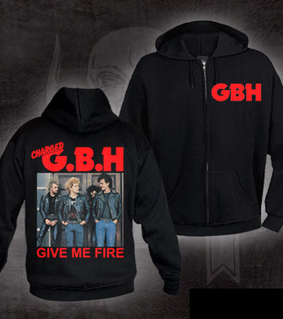 GBH- Logo on front, Give Me Fire on back on a black zip up hooded sweatshirt