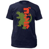 Godzilla- Japanese Cartoon Silhouette on a navy fitted guys shirt