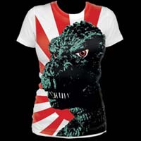 Godzilla- Rising Sun And Face on a white girls fitted shirt