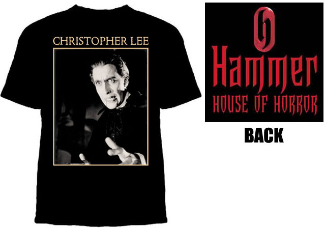 Christopher Lee- Picture on front, Hammer House Of Horror on back on a black slim fit shirt (Sale price!)
