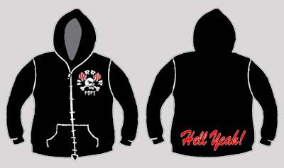 Horrorpops- Skull on front, Hell Yeah! on back on a black zip up hooded sweatshirt (Sale price!)