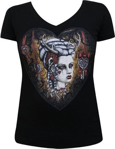 Hunters Kiss on a black girls fitted V-Neck shirt by Low Brow Art Company