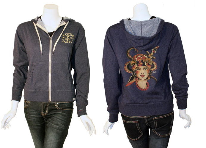 Gypsy on a Heather Navy Hooded Girls Sweatshirt by Sailor Jerry - SALE sz L & XL only